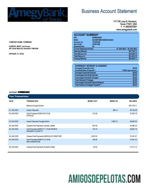 Baixável Amegy Corporation Bank Organization modelo de extrato de conta Word e PDF